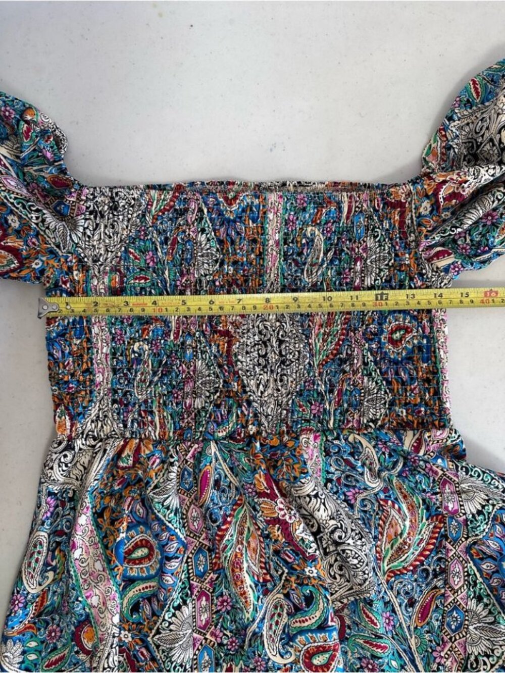Bohemian Paisley Puff Sleeve Multi-Colour Summer Smocked Mini Dress - L - Picture 13 of 13